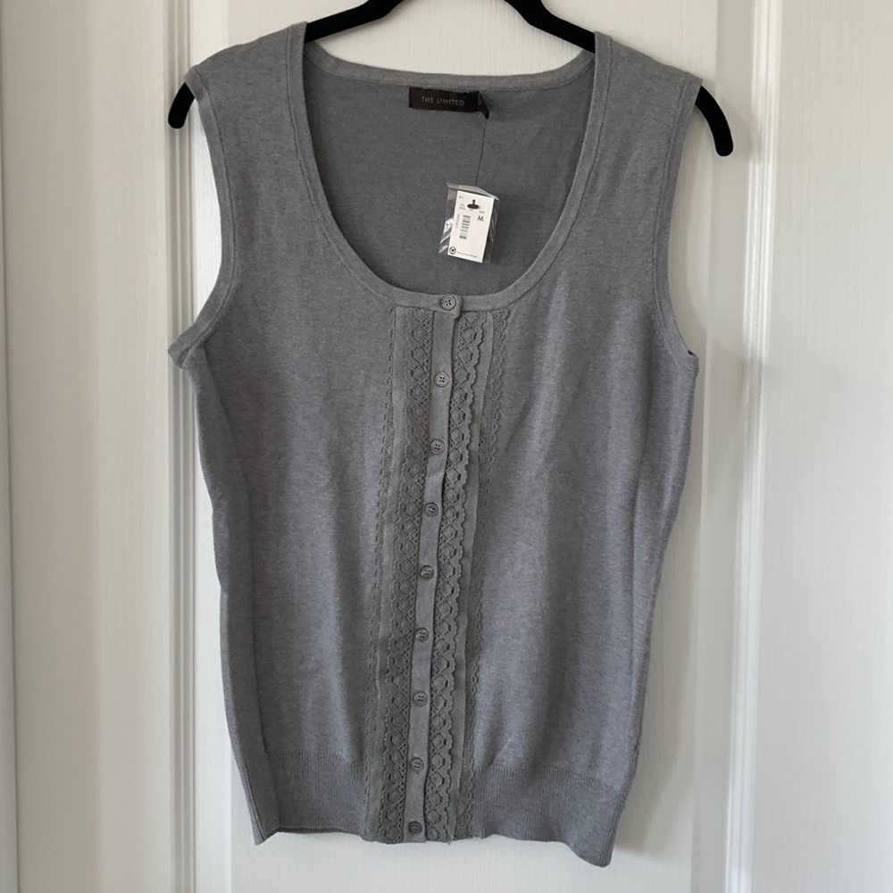 NWT THE LIMITED Gray Cotton Blend Button/Ribbon Front Sleeveless Knit Top Size M
